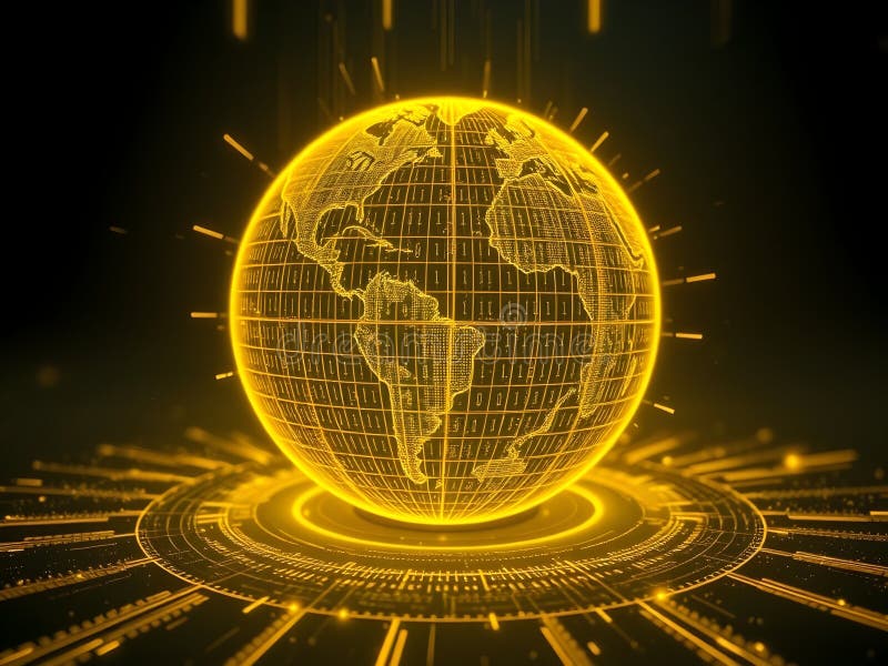 Globe amarillo brillante con código binario símbolo de tecnología y datos digitales libre illustration