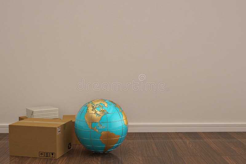 Globe and carton on wooden floor 3D illustration. stock illustration Globe and carton on wooden floor 3D illustration. stock illustration