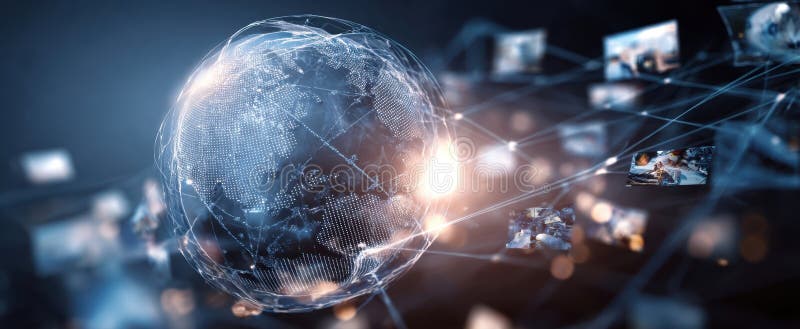The globe connected through a digital network of images and information. image stock image.