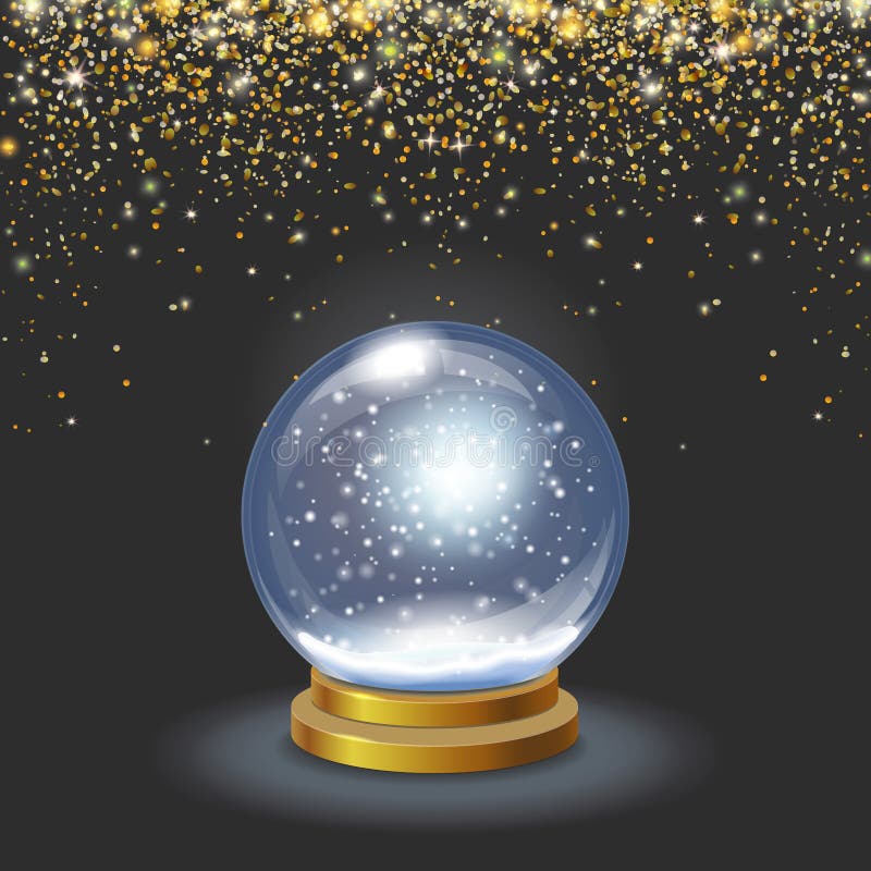 Globe de neige de Noël sur l'illustration éclatante en baisse du vecteur 3d de confettis d'or de fond noir illustration stock Globe de neige de Noël sur l'illustration éclatante en baisse du vecteur 3d de confettis d'or de fond noir illustration stock