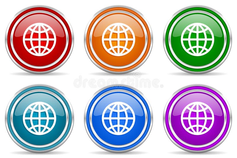 Globe, earth, world silver metallic glossy icons, set of modern design buttons for web, internet and mobile applications in 6