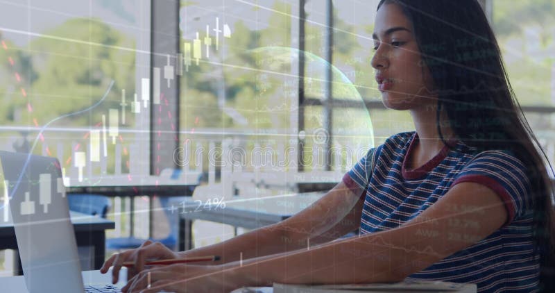 Globe and graph over tired caucasian girl studying over laptop and sleeping on books in classroom stock photo