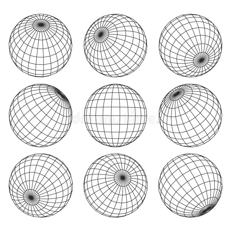 Globe grid. 3d sphere wires, earth network vector isolated set