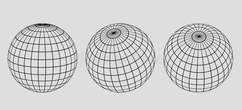 Globe grid spheres. Striped 3D wireframe spheres, geometry globe grid, earth latitude and longitude line grid