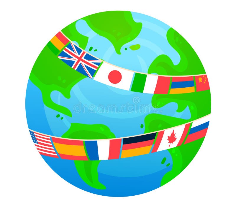 Globe with International Flags, World Unity Concept. Global Cooperation and Diversity, Earth 