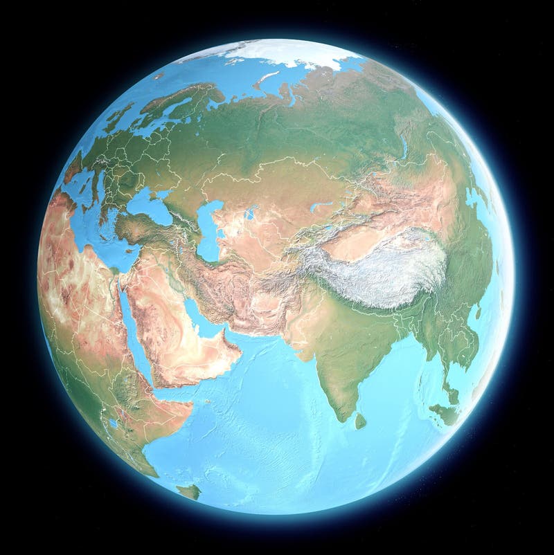 Globe map of Middle east and Asia, satellite view, geographical map, physics. Cartography, relief atlas.