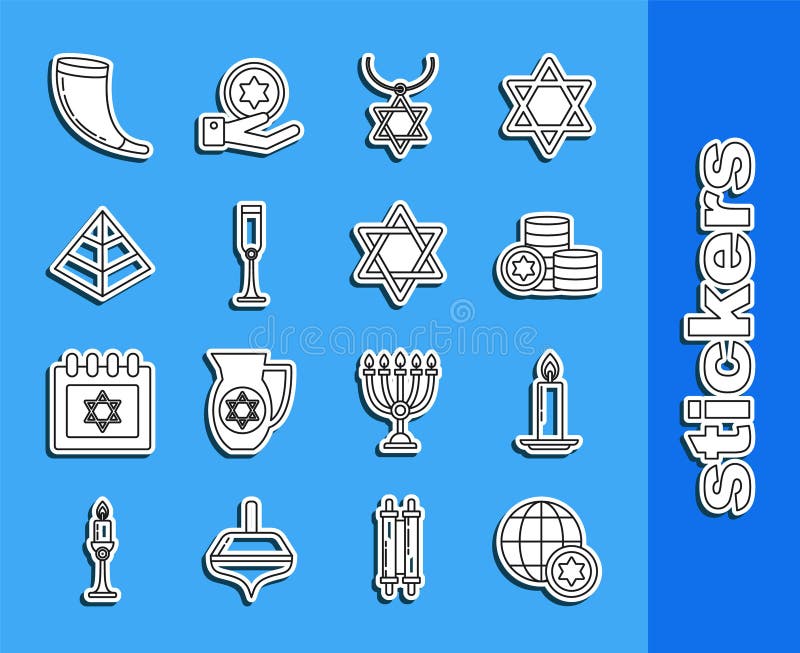 Set line World Globe and Israel Burning candle in candlestick Jewish coin Star of David necklace on chain goblet Egypt pyramids Traditional horn shofar and icon. Vector. Set line World Globe and Israel Burning candle in candlestick Jewish coin Star of David necklace on chain goblet Egypt pyramids Traditional horn shofar and icon. Vector.