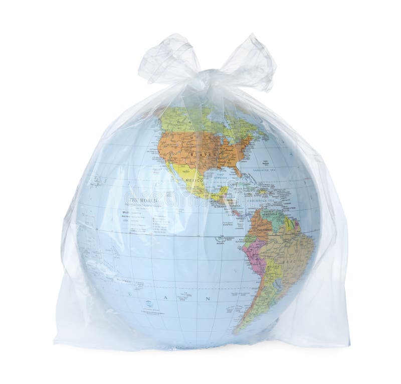 Globe in Plastic Bag Isolated on White. Environmental Protection