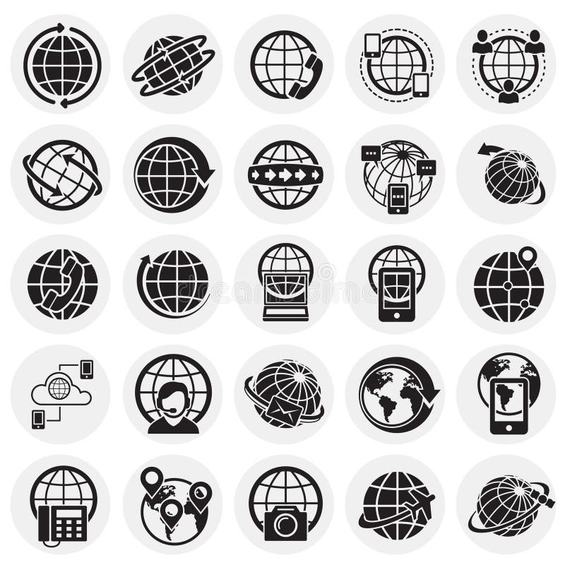Globe related icons set on circles background for graphic and web design. Simple vector sign. Internet concept symbol royalty free illustration