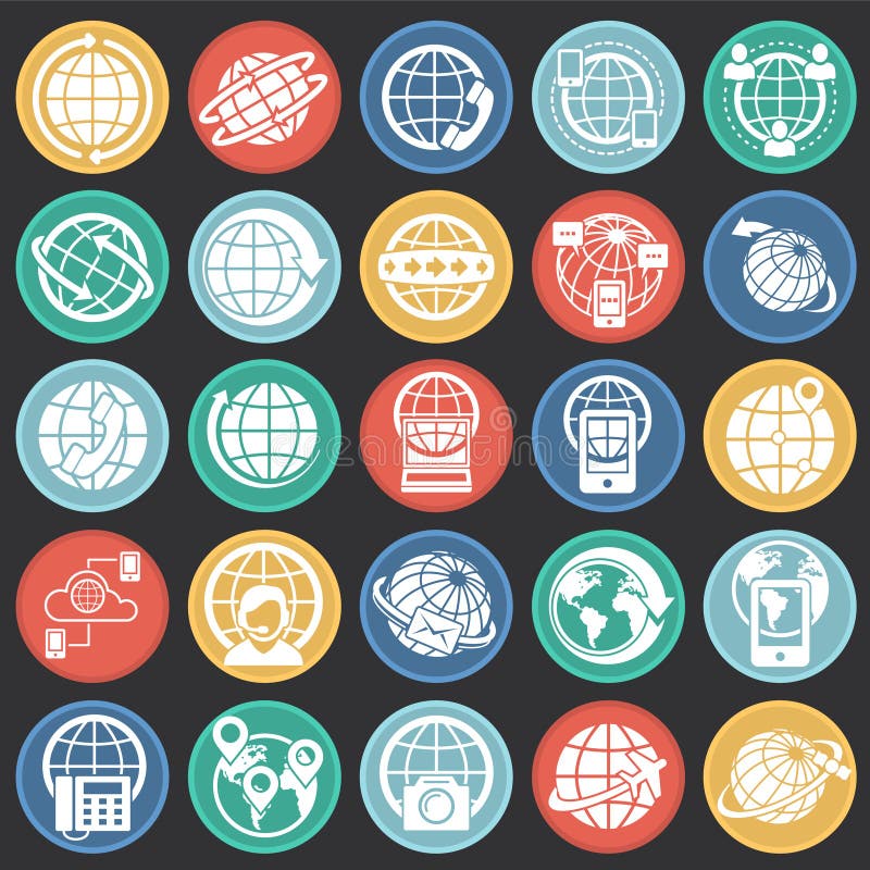 Globe related icons set on color circles black background for graphic and web design. Simple vector sign. Internet stock illustration