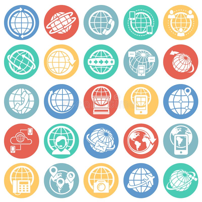 Globe related icons set on color circles white background for graphic and web design. Simple vector sign. Internet vector illustration