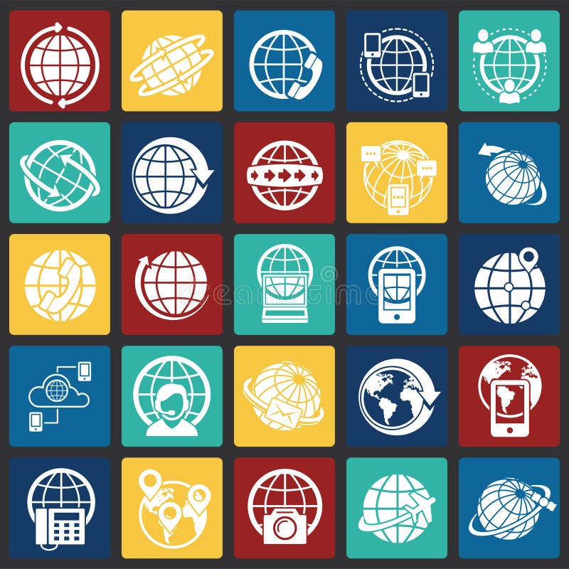 Globe related icons set on color squares background for graphic and web design. Simple vector sign. Internet concept stock illustration
