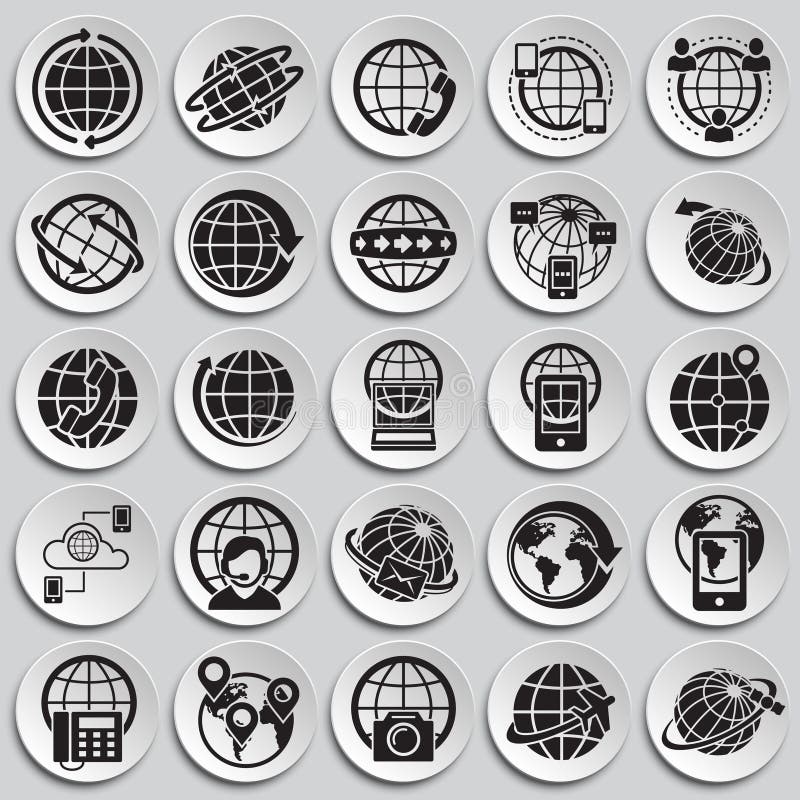 Globe related icons set on plates background for graphic and web design. Simple vector sign. Internet concept symbol for stock illustration