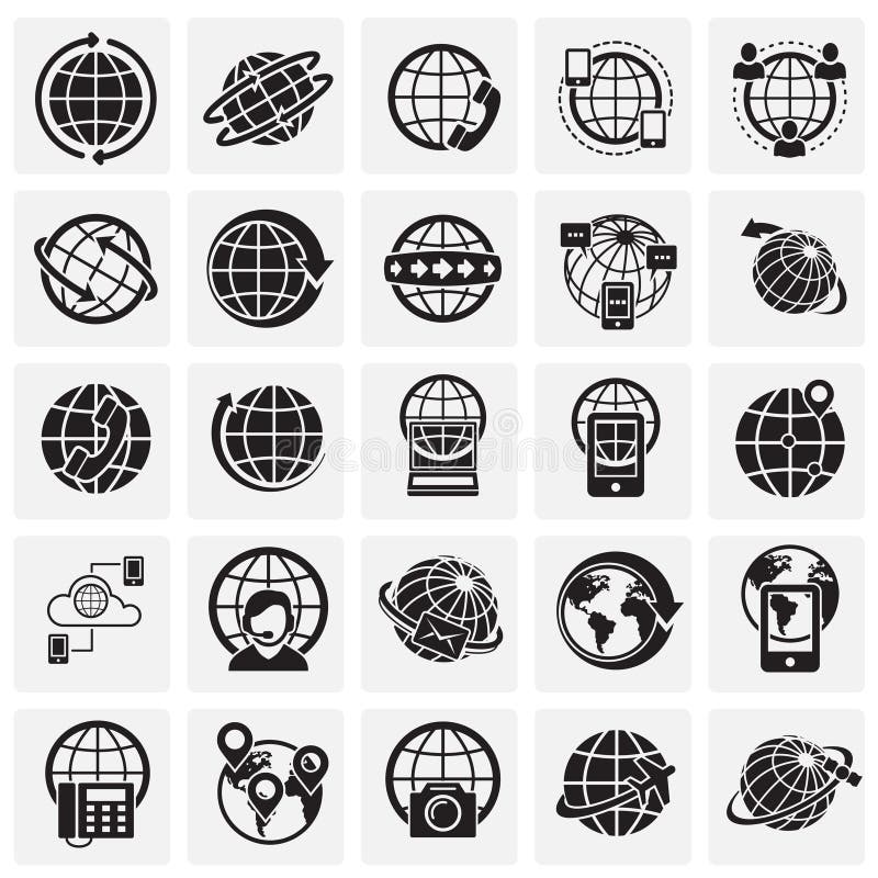 Globe related icons set on squares background for graphic and web design. Simple vector sign. Internet concept symbol vector illustration