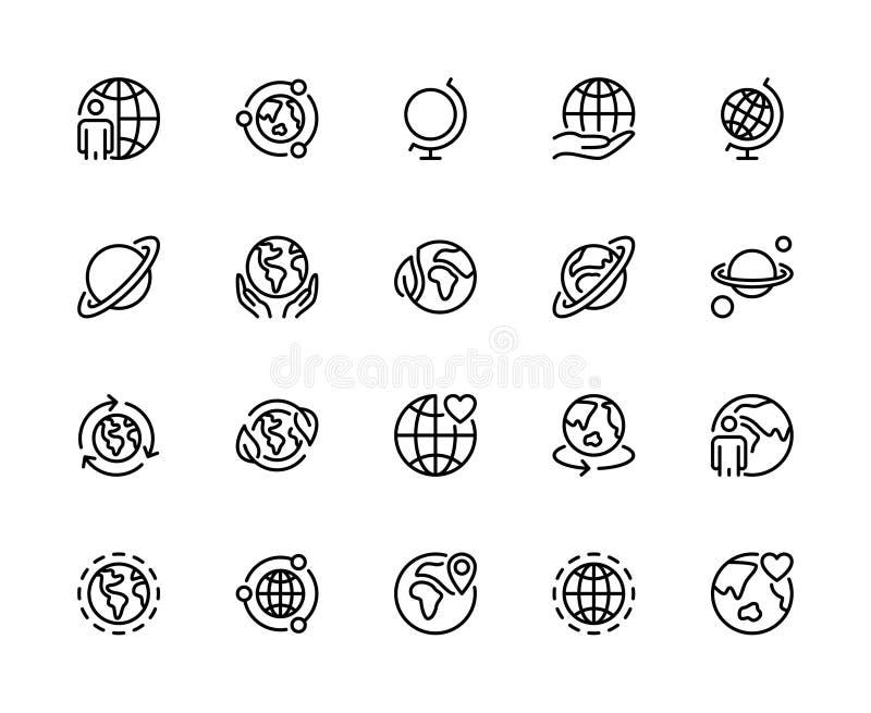 Globe related outline vector linear icons. Premium pack of globe icons on white background. Globe symbol vector icon set vector illustration