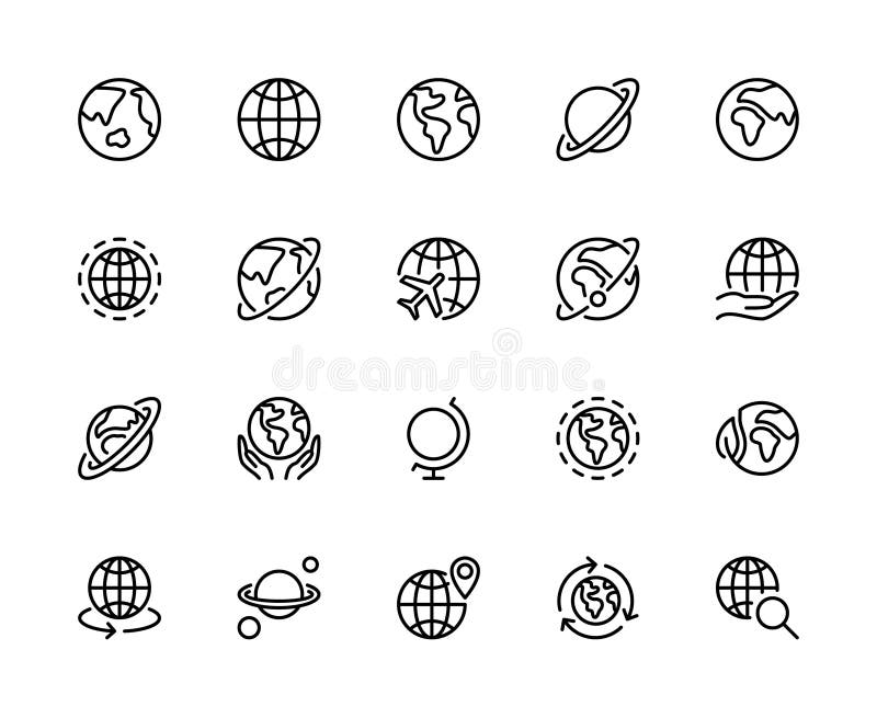 Globe related outline vector line icons. Isolated collection on white background. Globe symbol vector icon set royalty free illustration