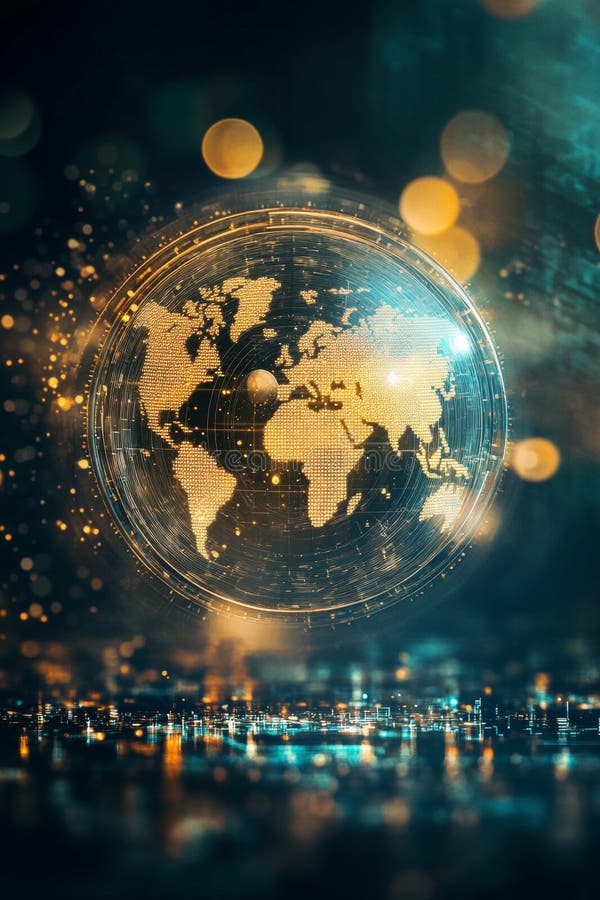 Globe Representing Digital Connectivity and Global Network with Abstract Lights and Bokeh Effects royalty free illustration