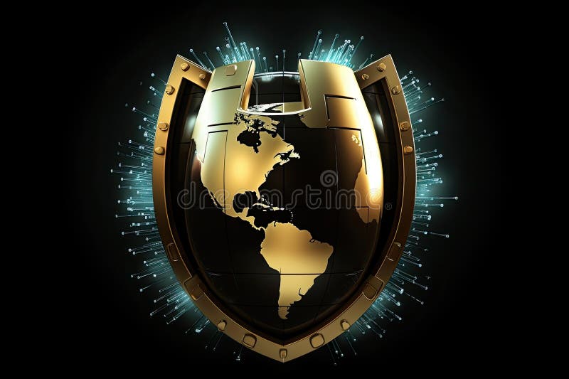 Globe and shield, cyber security concept. 3D rendering, Global network security shield on a Black background, Digital security and vector illustration