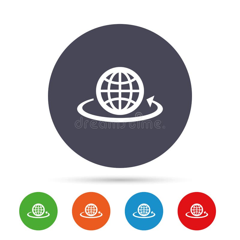 Globe sign icon. Round the world arrow symbol. Full rotation. Round colourful buttons with flat icons. Vector