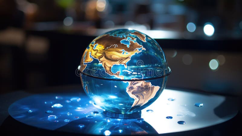 A globe is sitting on a table with a blue background. The globe is illuminated and he is a light-up globe AI generated