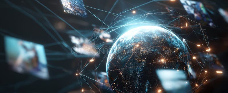 The globe surrounded by a web of multimedia connections and digital light. image stock photography.