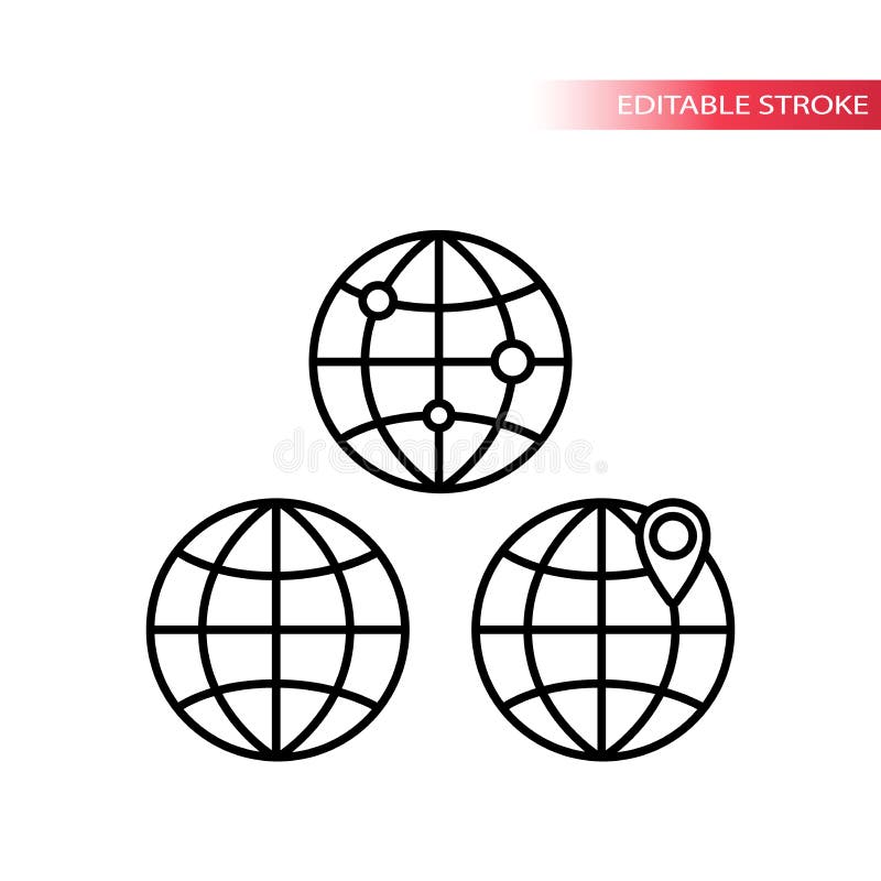 Globe symbol, globe with location pin black outline icons. Thin line globe icon set. vector illustration