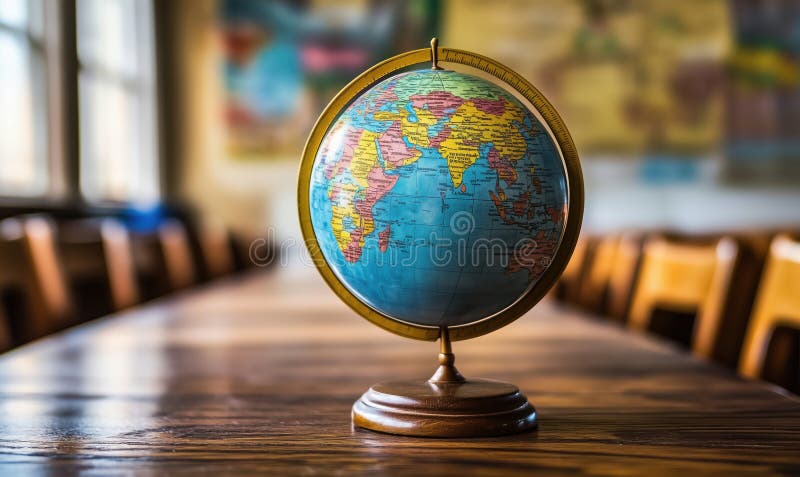Globe on wooden table in classroom setting with maps in background. AI generated