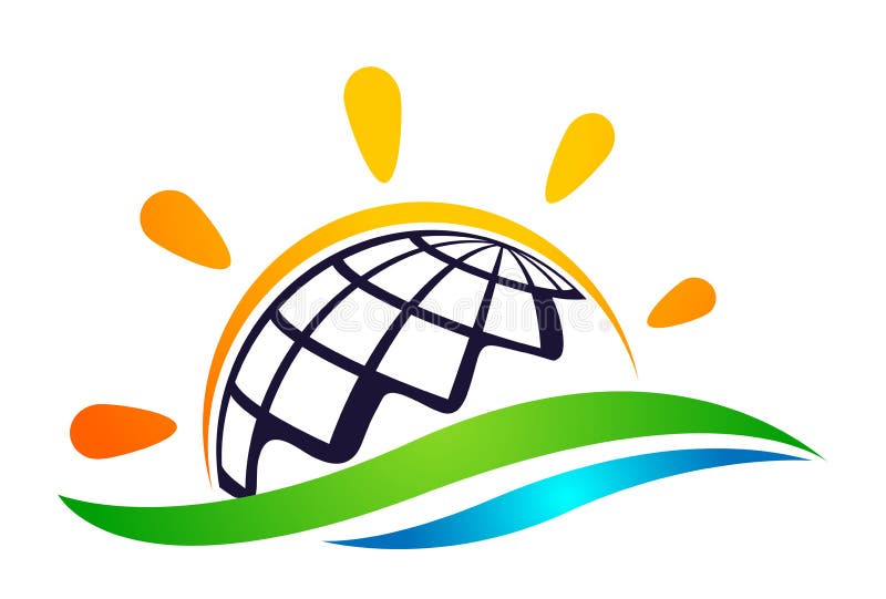 Globe world green sun and sea water wave logo concept symbol icon design vector on white background stock illustration Globe world green sun and sea water wave logo concept symbol icon design vector on white background stock illustration