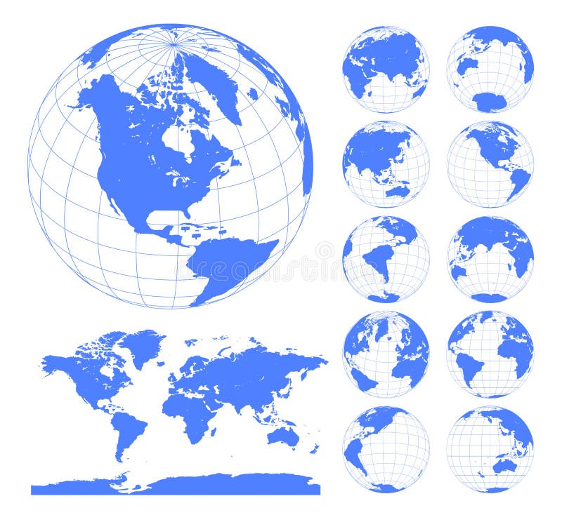 Globes showing earth with all continents. Digital world globe vector. Dotted world map vector. stock illustration