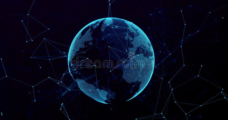 globo azul de la tierra del planeta de la representación digital 3d, con el punto de conexión del resplandor, medios globalizació