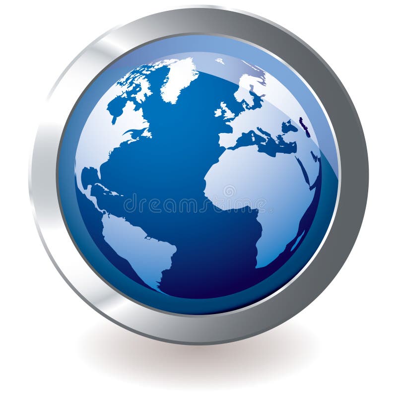 Blue earth globe with silver metal icon and drop shadow. Blue earth globe with silver metal icon and drop shadow