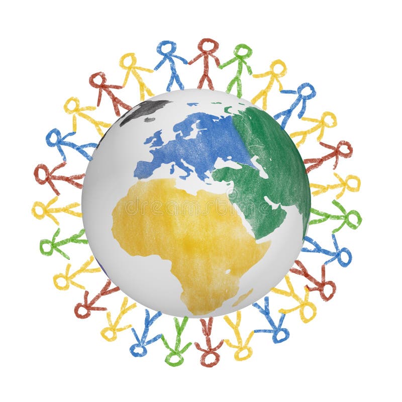 globo 3D com a vista em América com os povos tirados que guardam as mãos Conceito para a amizade, globalização, uma comunicação ilustração do vetor globo 3D com a vista em América com os povos tirados que guardam as mãos Conceito para a amizade, globalização, uma comunicação ilustração do vetor