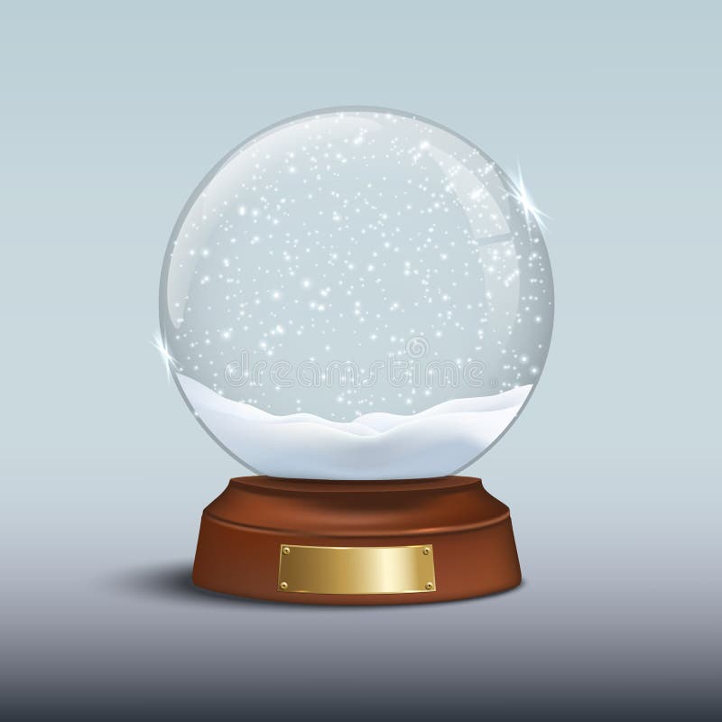 Globo de la nieve con nieve brillante e insignia de oro en base de madera marrón Elemento del diseño de la Navidad del vector libre illustration Globo de la nieve con nieve brillante e insignia de oro en base de madera marrón Elemento del diseño de la Navidad del vector libre illustration