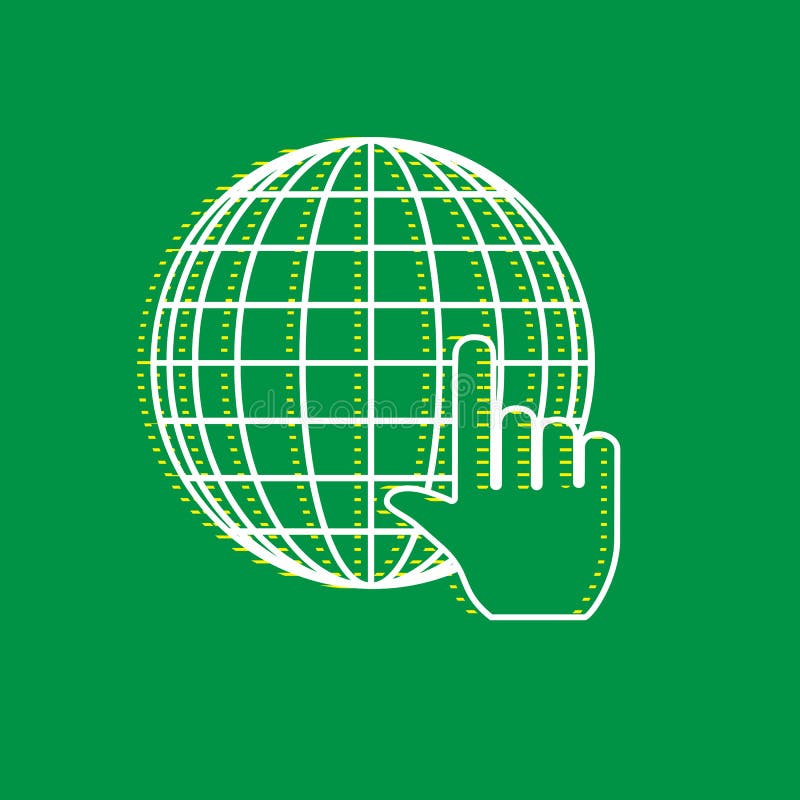 Globo de la tierra con el cursor Vector Icono plano blanco con la sombra rayada amarilla en el fondo verde Ilustración stock de ilustración