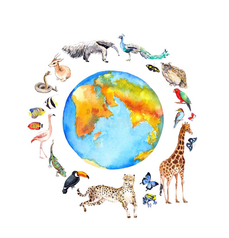 Globo del mundo, animales salvajes, pájaros - jirafa, guepardo, tucán, flamenco y otro Parque zoológico, acuarela de la fauna par