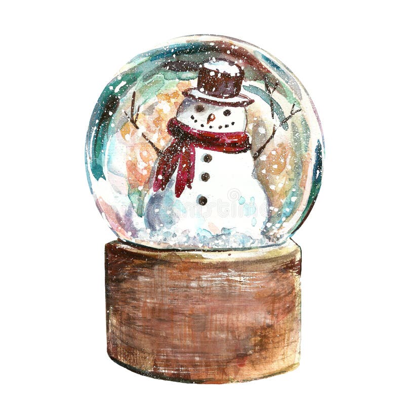 Globo della neve di vetro di Natale con il pupazzo di neve Illustrazione disegnata a mano dell'acquerello di vacanza invernale