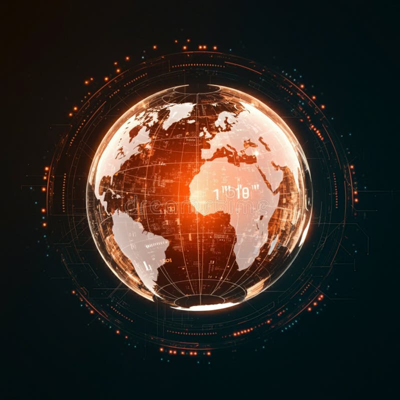 : globo digitale arancione circondato da elementi tecnologici circolari illustrazione di stock