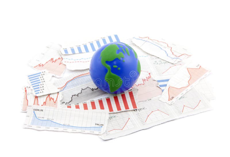 Globe on financial charts from newspapers. Globe on financial charts from newspapers