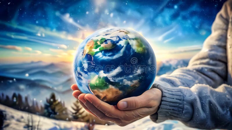 Globo en manos humanas contra el fondo del paisaje invernal. calentamiento global ilustración del vector