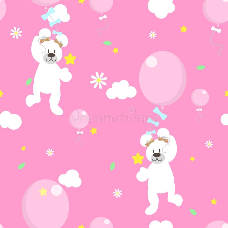 Globo, flor y estrella blancos lindos de la tenencia del oso de peluche de la fauna animal inconsútil en el modelo de la repetici stock de ilustración Globo, flor y estrella blancos lindos de la tenencia del oso de peluche de la fauna animal inconsútil en el modelo de la repetici stock de ilustración