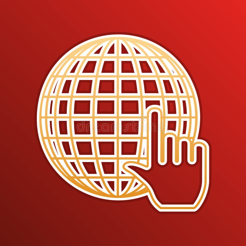 Globo terrestre con cursor. icono de gradiente dorado con contornos sobre fondo recto. ilustración. stock de ilustración