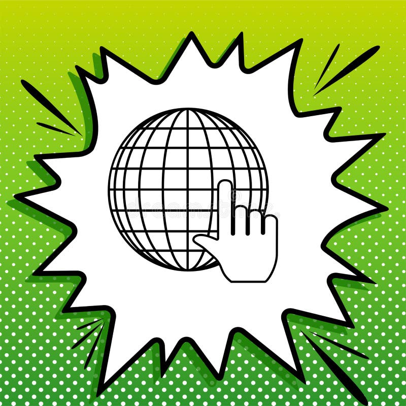 Globo terrestre con cursor. icono negro en blanco de popart splash en fondo verde con puntos blancos. ilustración stock de ilustración