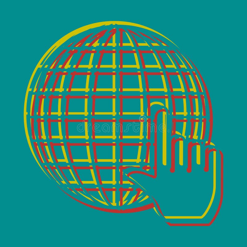 Globo terrestre con cursor. ícono pseudo 3d grabado con colores rojo citrino y persa sobre fondo cian oscuro ilustración del vector