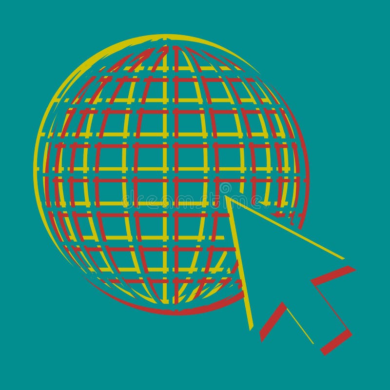 Globo terrestre con cursor. ícono pseudo 3d grabado con colores rojo citrino y persa sobre fondo cian oscuro stock de ilustración