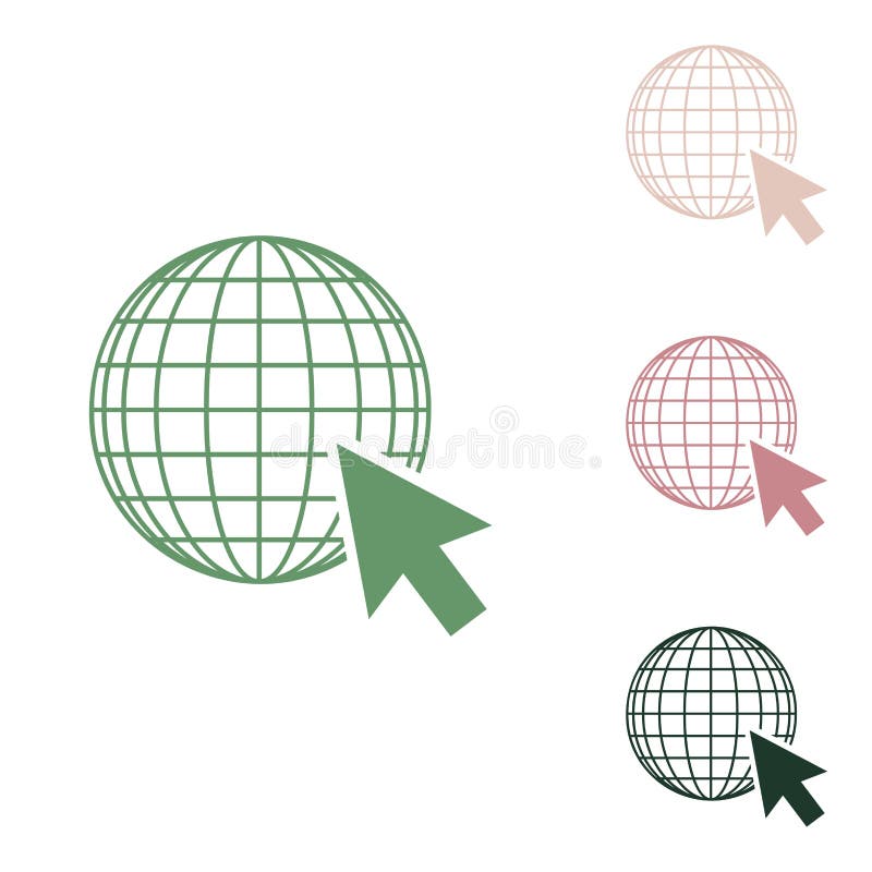 Globo terrestre con cursor. ícono verde ruso con pequeña fuerza verde de jungla y arena desértica sobre fondo blanco libre illustration