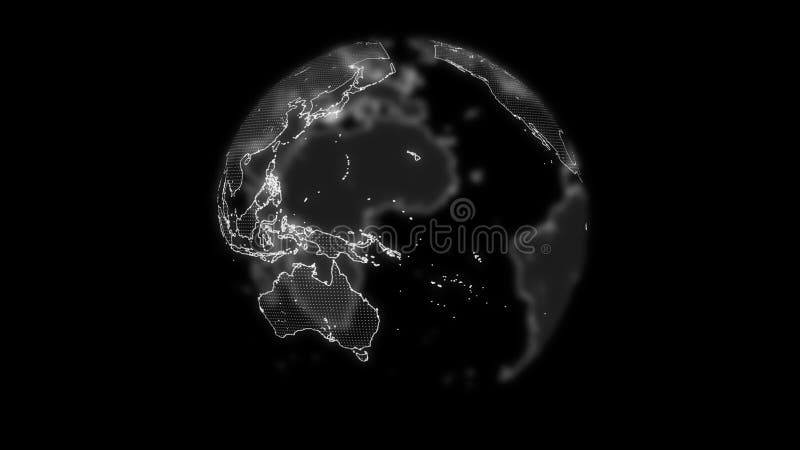 Globo terrestre trasparente rotante in sfumature grigie che si illuminano in uno spazio buio