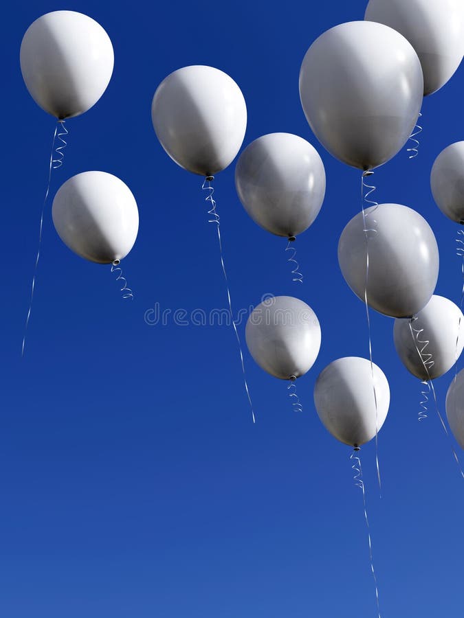 globos blancos, cielo azul Stock Photo