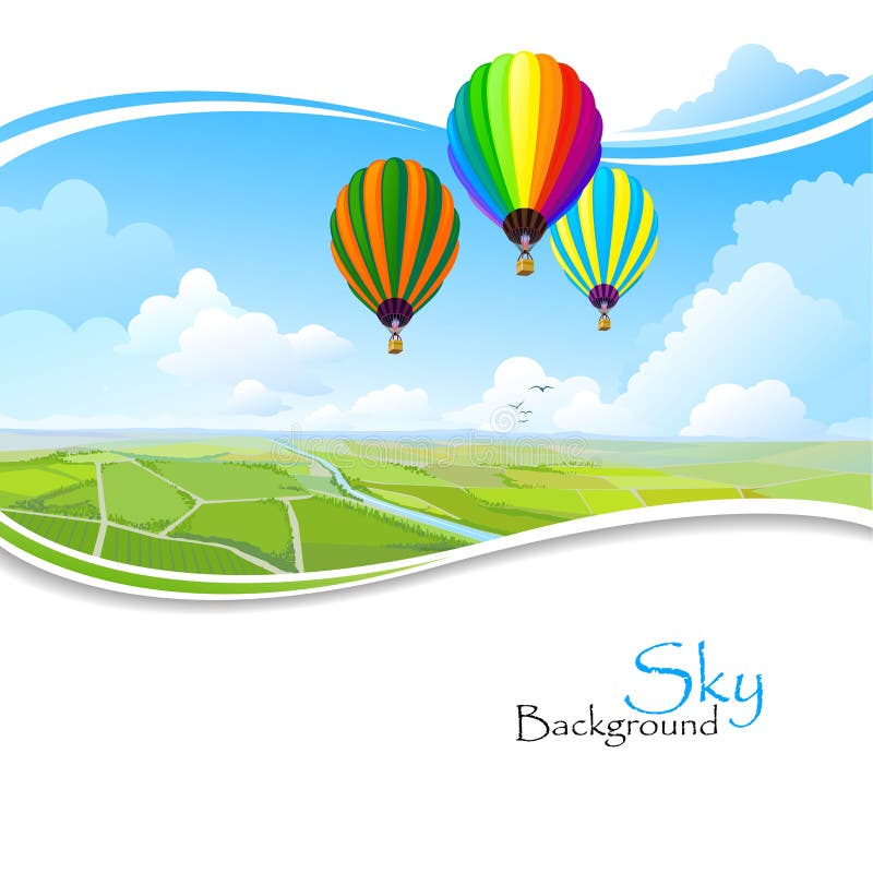 Globos del aire caliente, cielo azul y campos verdes ilustración del vector Globos del aire caliente, cielo azul y campos verdes ilustración del vector