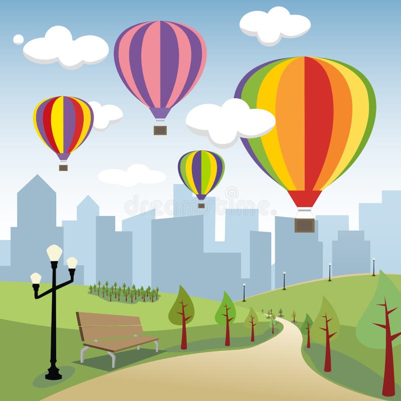 Globos del aire caliente en la ciudad libre illustration Globos del aire caliente en la ciudad libre illustration