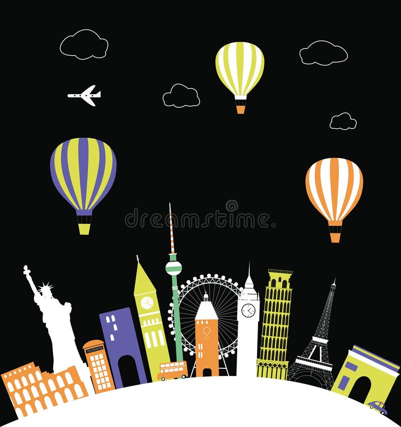 Globos del aire caliente sobre el mundo stock de ilustración Globos del aire caliente sobre el mundo stock de ilustración